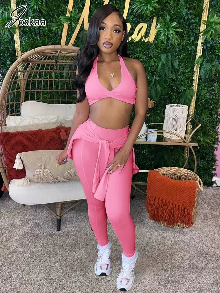 Women's Backless Halter Long Sleeve Two Piece Set Pink – Front View
