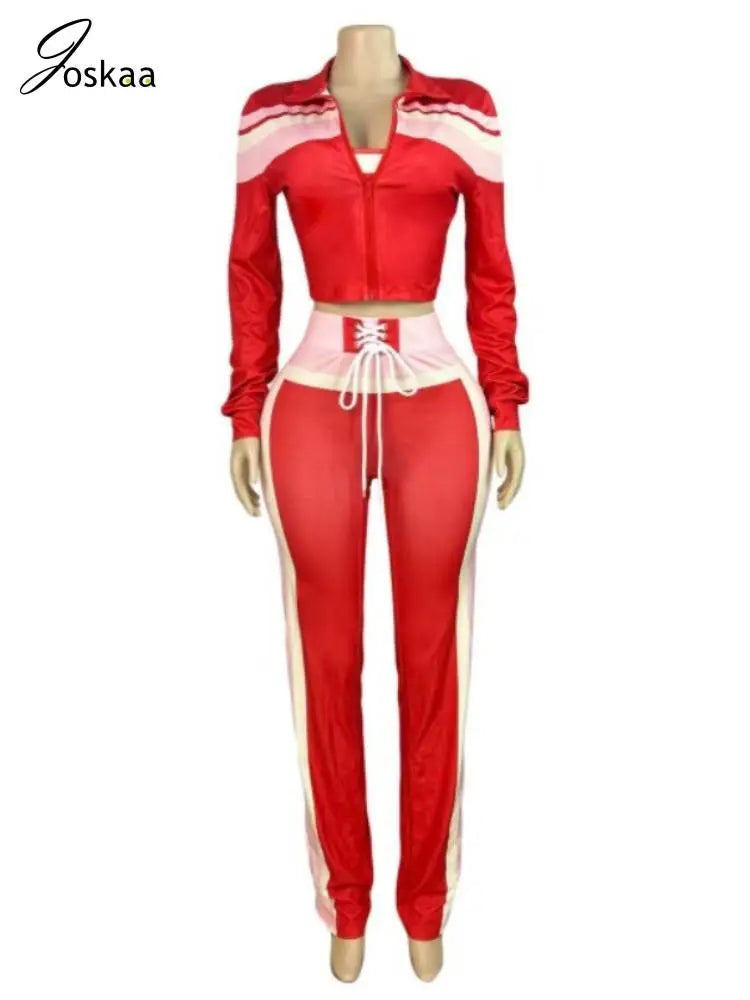 Women's Long Sleeve Sporty Patchwork Top Two Piece Set Pink – Back View