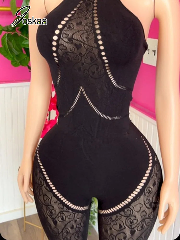 Women's Backless Cutout Halter Bodycon Romper Black – Detail View