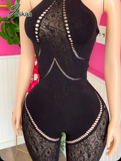 Women's Backless Cutout Halter Bodycon Romper Black – Detail View