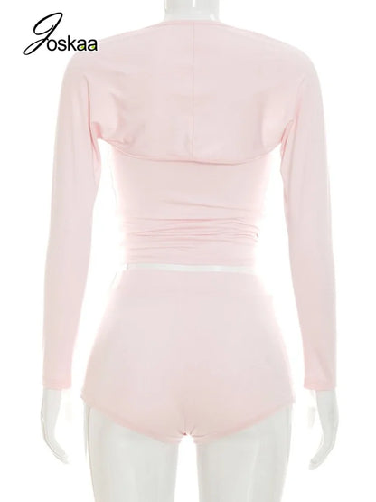 Wholesale Women's Long Sleeve Crop Two Piece Set Pink – Detail View