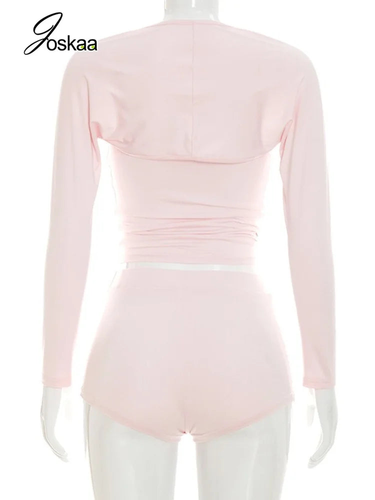 Wholesale Women's Long Sleeve Crop Two Piece Set Pink – Detail View