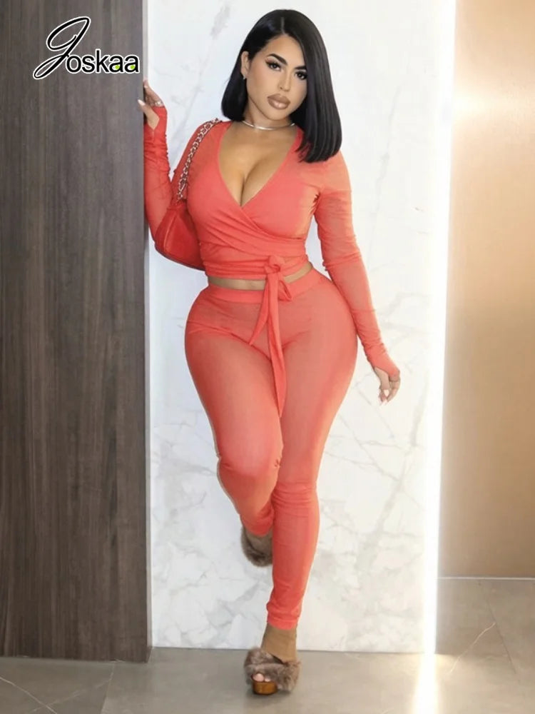 Women's V-neck Long Sleeve High Waist Wide Leg Two Piece Set - Side View