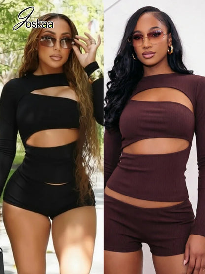 Women's Ribbed Knit Cutout Long Sleeve Bodycon Two Piece Set - Women's Fashion Wholesale - Front View