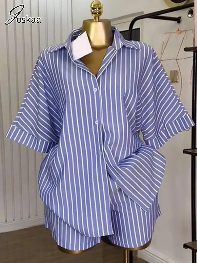 Women's Stripe Short Sleeve Two Piece Set – Women's Fashion Wholesale – Front View