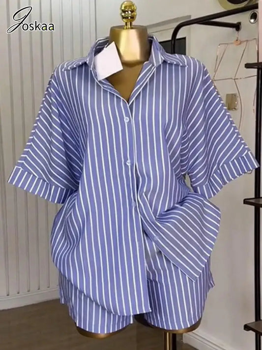Women's Stripe Short Sleeve Two Piece Set – Women's Fashion Wholesale – Front View