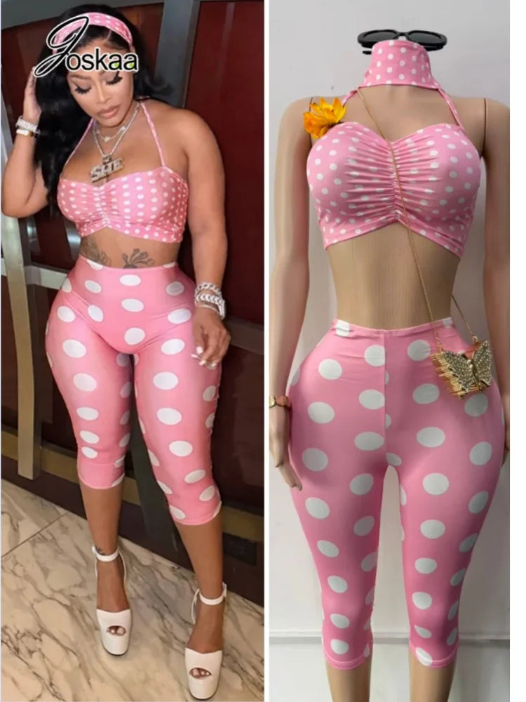 Women's Polka Dot Ruched Halter High Waist Two Piece Set - Front View