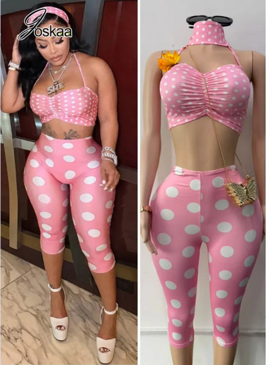 Women's Polka Dot Ruched Halter High Waist Two Piece Set - Front View