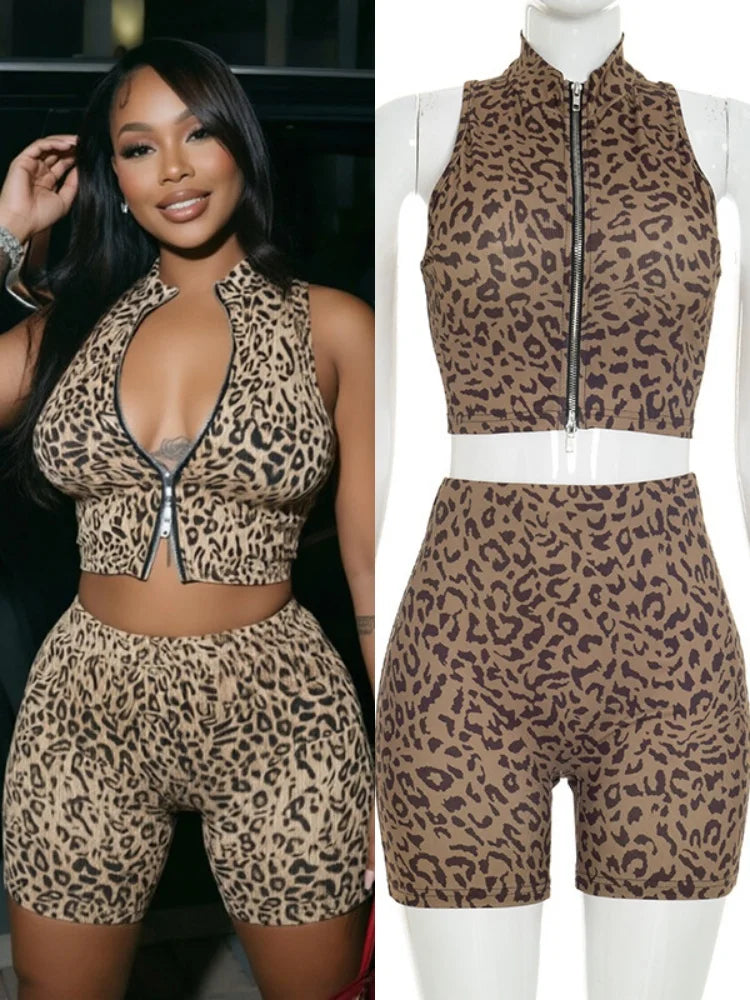 Women's Leopard Print Zip Up High Waist Two Piece Set - Additional View 8
