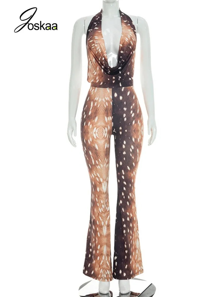 Wholesale Women's Backless Halter Bodycon Romper Brown – Back View