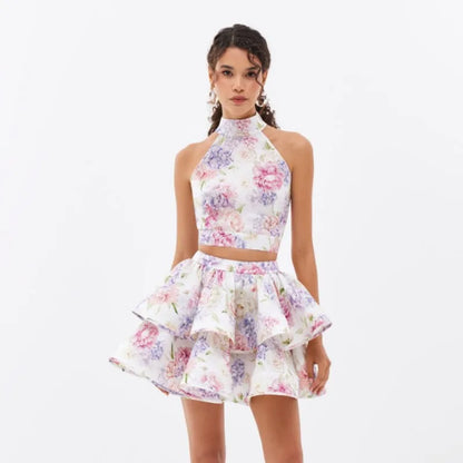 Women's Floral Print Backless Halter Mini Dress