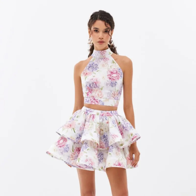 Women's Floral Print Backless Halter Mini Dress