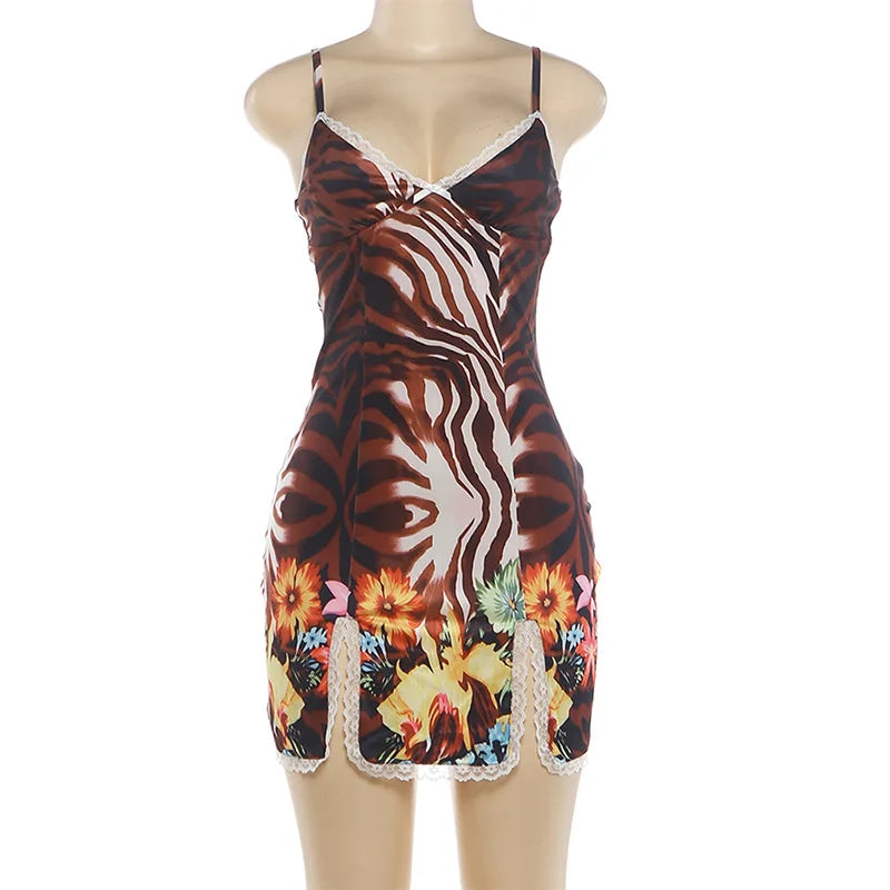 Women's Floral Print Striped Lace V-neck Mini Dress - Additional View 9