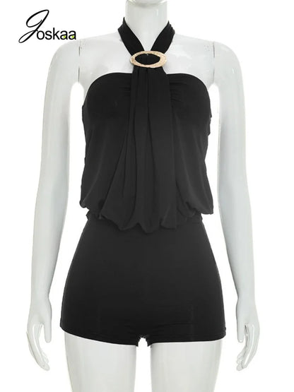 Women's Backless Halter Sleeveless Romper Black – Back View