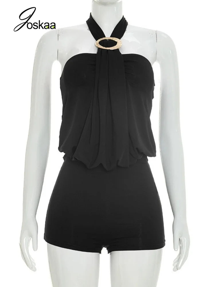 Women's Backless Halter Sleeveless Romper Black – Back View