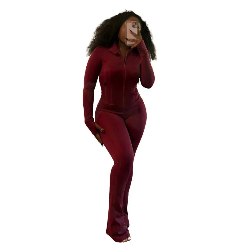 Women's Long Sleeve Flare Zip Two Piece Set