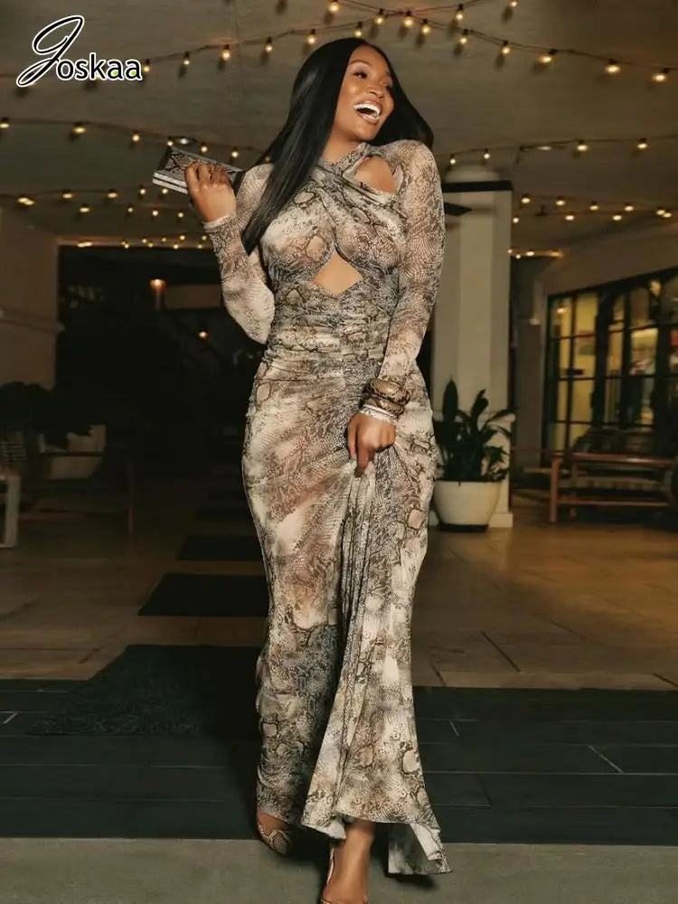 Women's Snake Print Ruched Cutout Maxi Dress – Women's Fashion Wholesale – Front View
