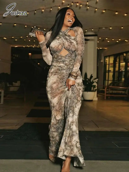 Women's Snake Print Ruched Cutout Maxi Dress – Women's Fashion Wholesale – Front View