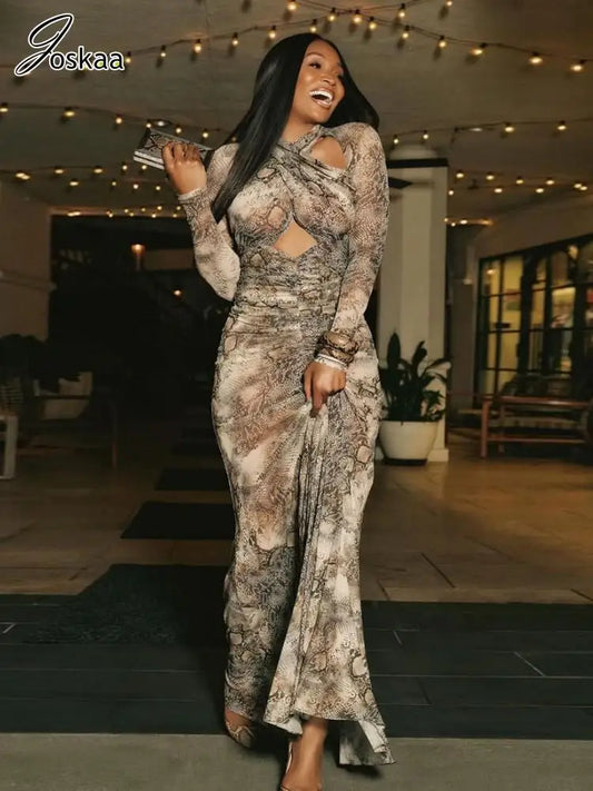 Women's Snake Print Ruched Cutout Maxi Dress – Women's Fashion Wholesale – Front View