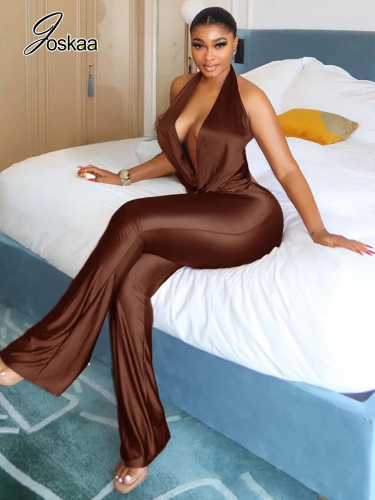 Women's Ruched Backless V-neck Halter Romper 2909 - Side View