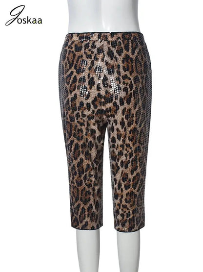 Women's Leopard Print Sequin Crop Bodycon Pants Top Gray Leopard – Detail View
