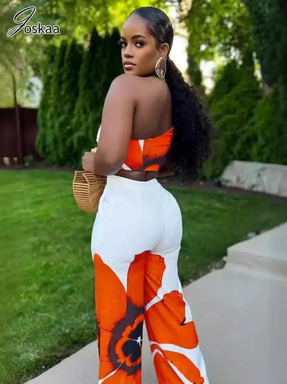 Women's Floral Print Flare Two Piece Set Orange – Front View
