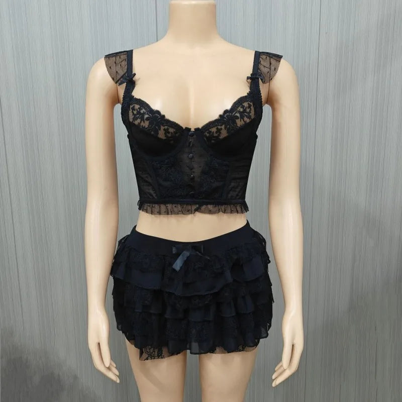 Wholesale Women's Lace Crop Mini Two Piece Set