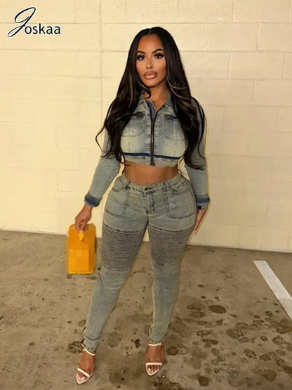Women's Denim Long Sleeve Crop Two Piece Set – Women's Fashion Wholesale – Front View