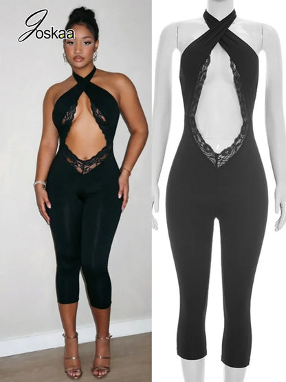 Women's Lace Backless Cutout Halter Romper - Women's Fashion Wholesale - Front View