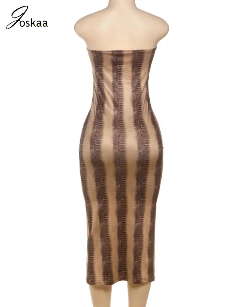 Women's Snake Print Backless Strapless Bodycon Dress Brown – Detail View