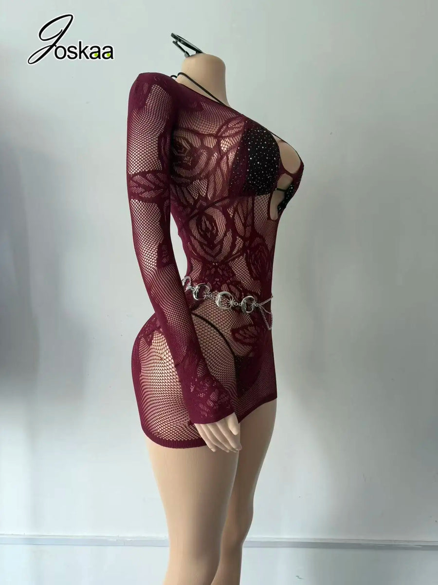 Women's Mesh Knit Cutout Long Sleeve Mini Dress Maroon – Side View