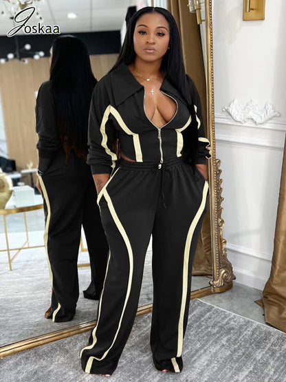 Women's Stripe Crop Flare Zip Wide Leg Two Piece Set Brown – Side View