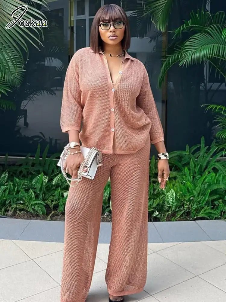 Women's Flare Wide Leg Pink Two Piece Set Apricot Pink – Front View