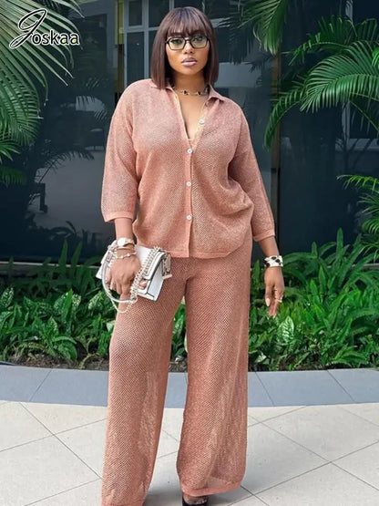 Women's Flare Wide Leg Pink Two Piece Set Apricot Pink – Front View