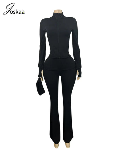 Women's Long Sleeve Flare Zip Two Piece Set Yellow – Back View