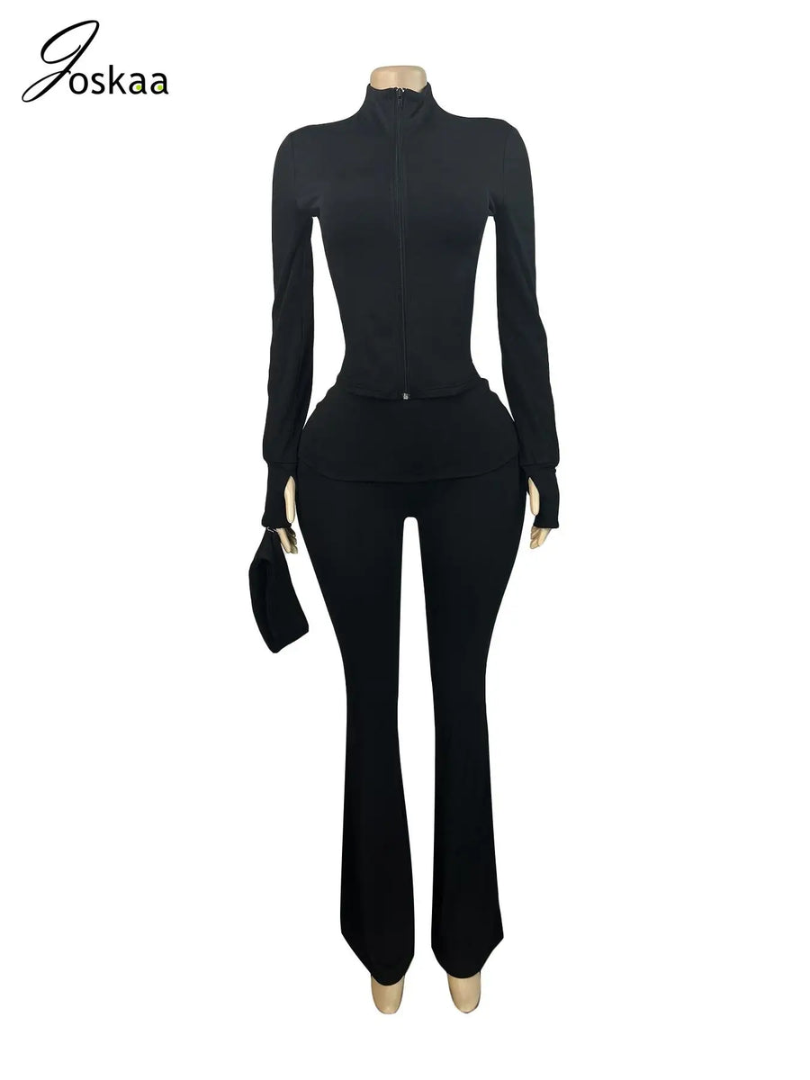 Women's Long Sleeve Flare Zip Two Piece Set Yellow – Back View