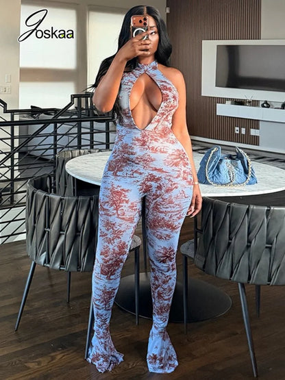 Women's Backless Cutout Halter Sleeveless Romper Brown – Side View