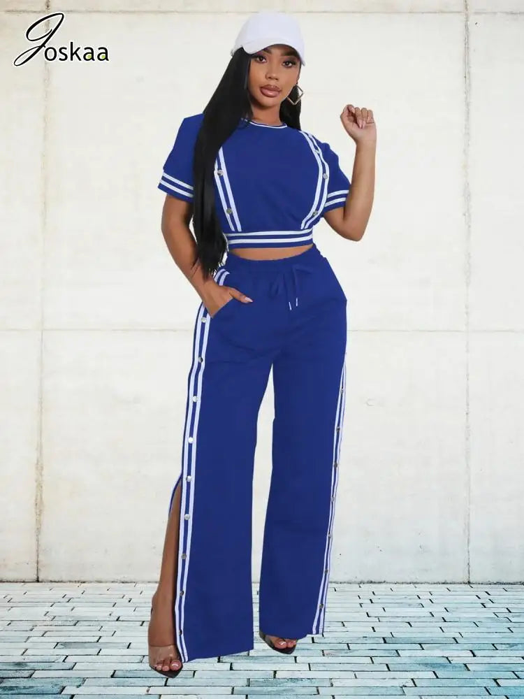 Women's Stripe Short Sleeve Two Piece Set Blue – Front View