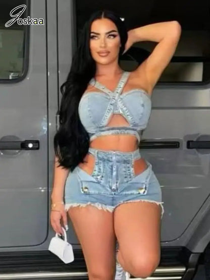Women's Denim Cutout Stretch Irregular Tank Two Piece Set Dark Gray – Front View
