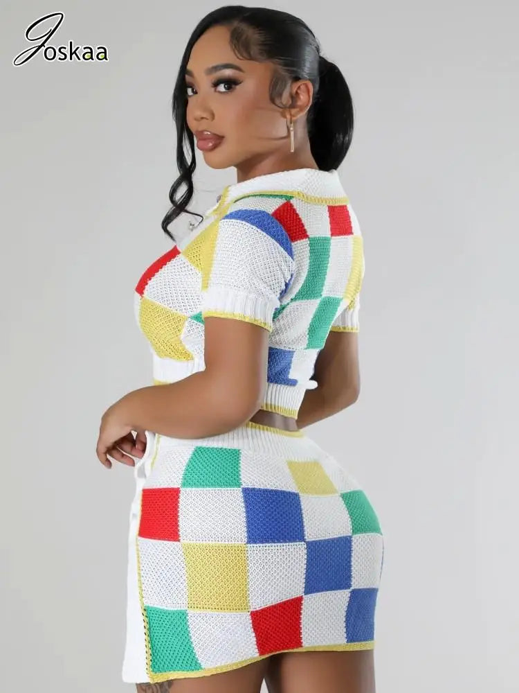 Women's Knit Short Sleeve Mini Two Piece Set Colorful – Front View