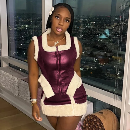 Women's Faux Leather Mini Zip Two Piece Set
