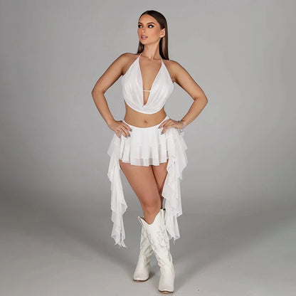 Women's Mesh Backless Halter Two Piece Set