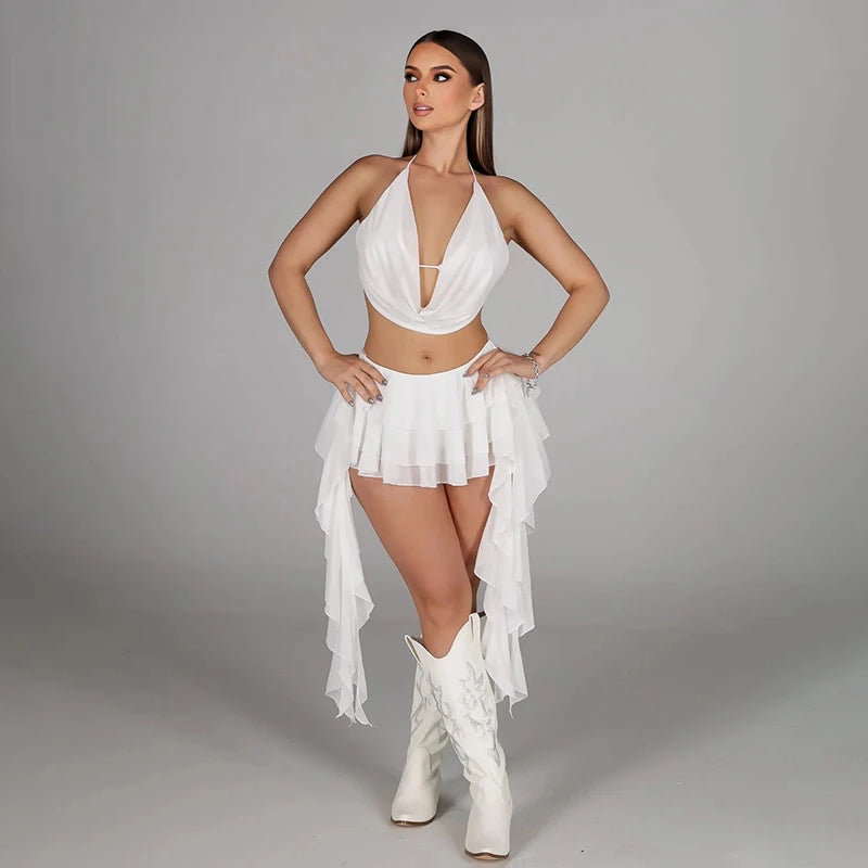 Women's Mesh Backless Halter Two Piece Set