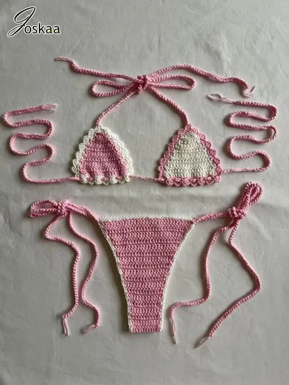 Women's Knit Ribbed Swimwear Crochet Bikini Set Pink White – Side View