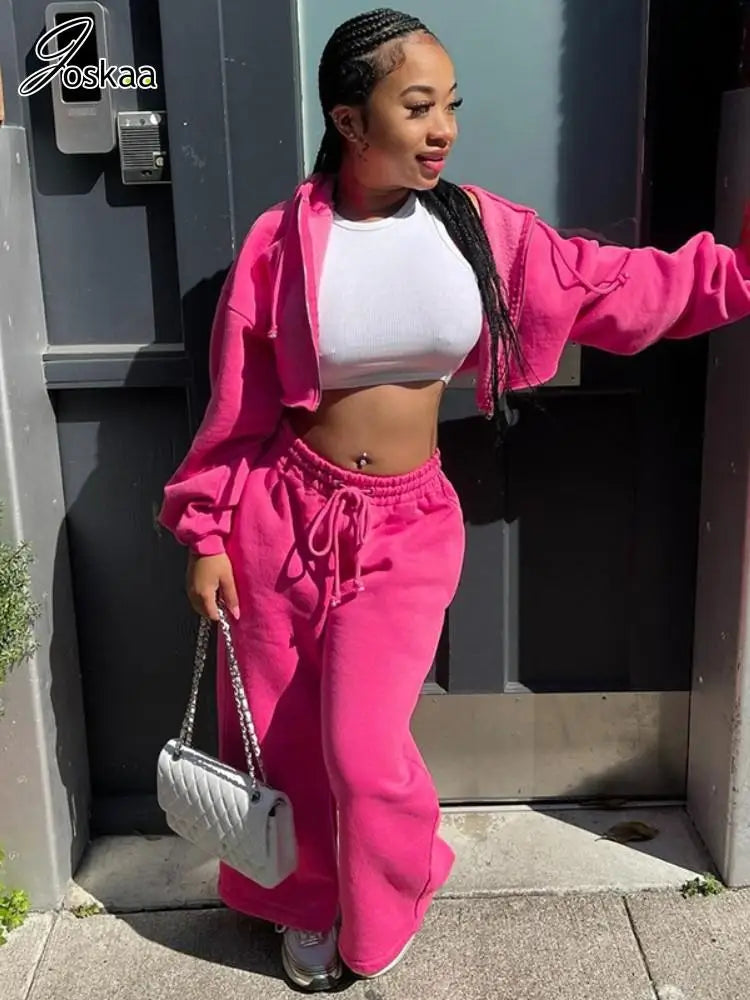 Women's Long Sleeve Crop Zip Hooded Two Piece Set Rose Red – Front View