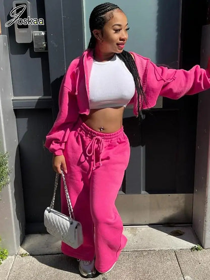 Women's Long Sleeve Crop Zip Hooded Two Piece Set Rose Red – Front View