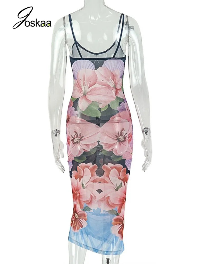 Women's Floral Print Mesh Sleeveless Maxi Dress Mixed – Detail View