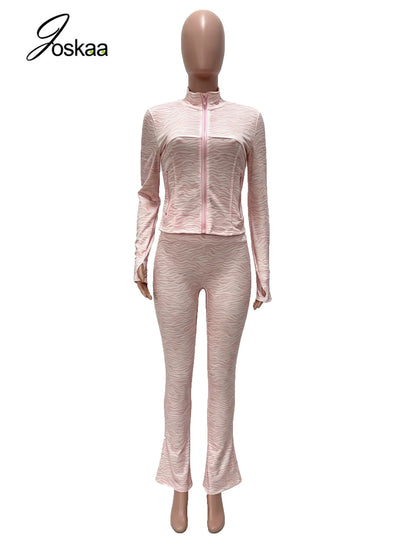Women's Striped Zip Up Long Sleeve Wide Leg Two Piece Set - Detail View