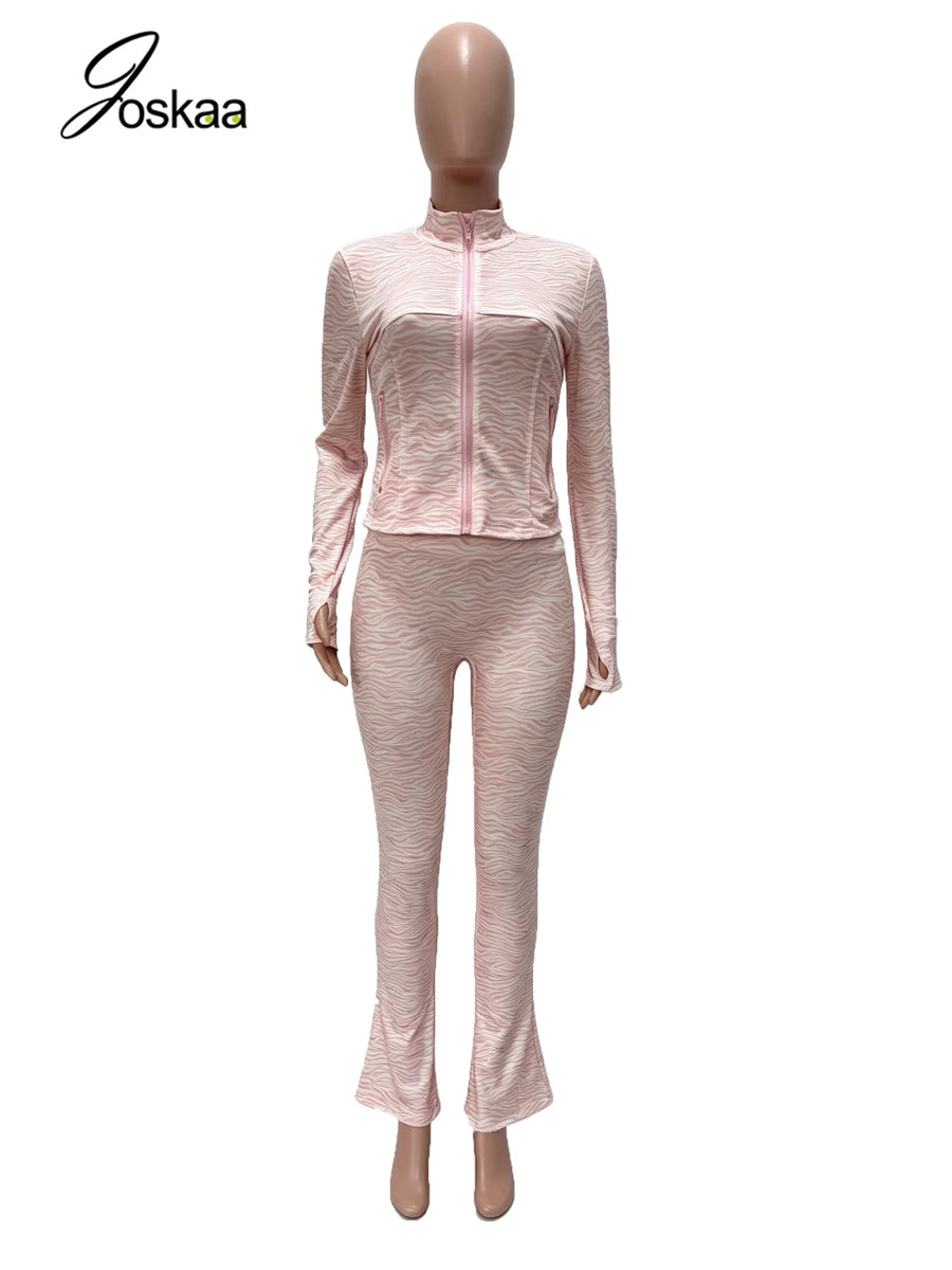Women's Striped Zip Up Long Sleeve Wide Leg Two Piece Set - Detail View