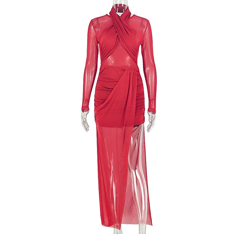 Women's Mesh Ruched Halter Long Sleeve Maxi Dress - Additional View 7
